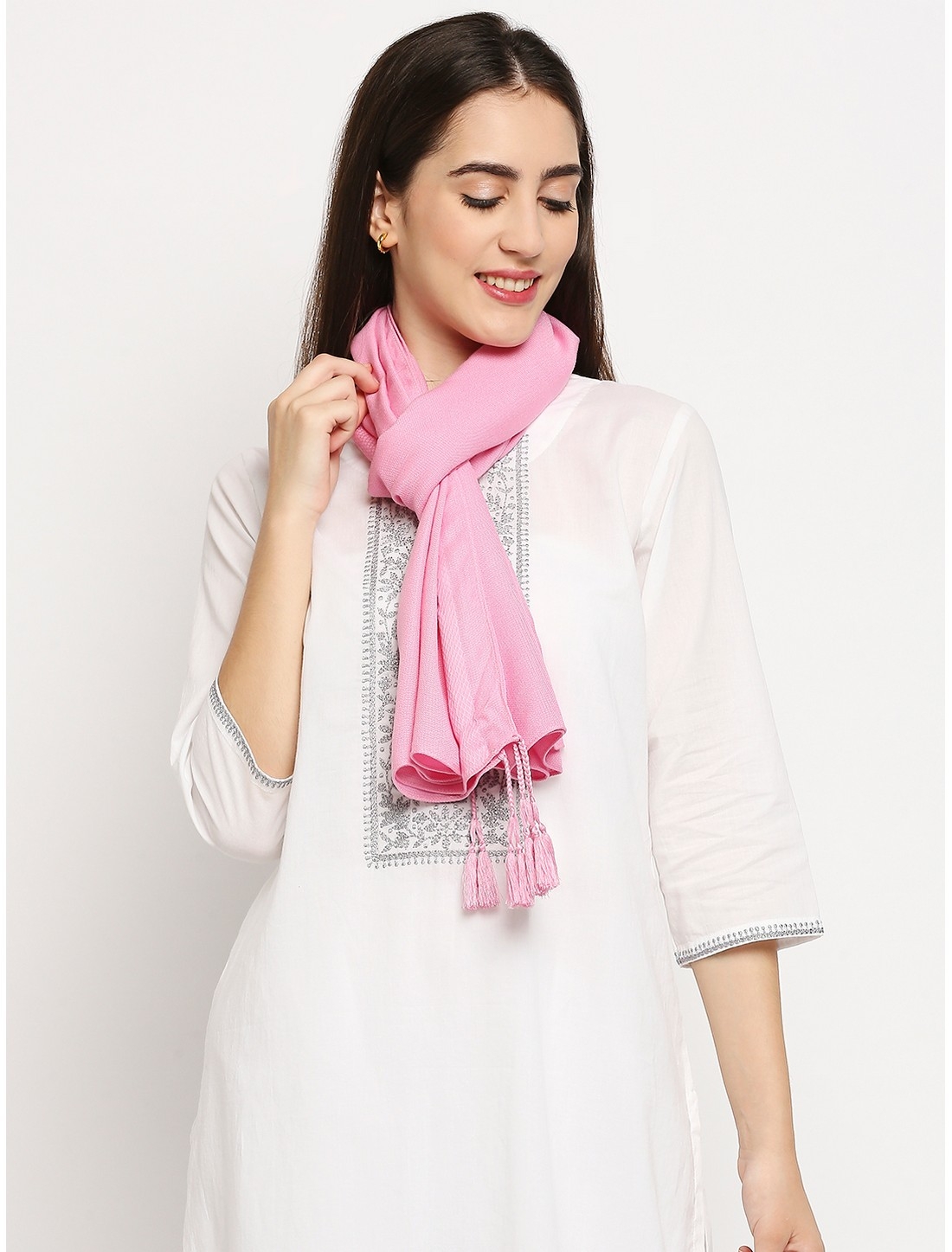 Get Wrapped | Get Wrapped Pink Dobby Border Scarf with Tassel for Women 0
