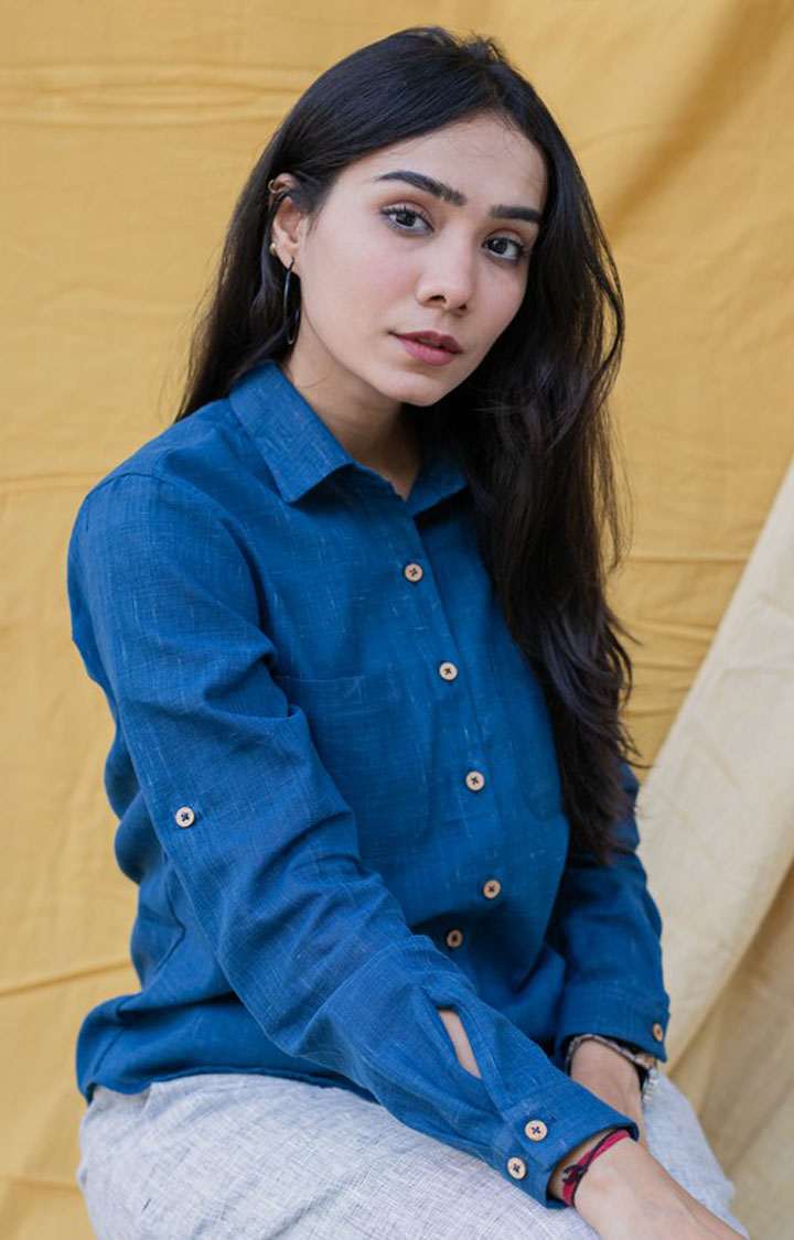 Women's Blue Cotton Solid Casual Shirt