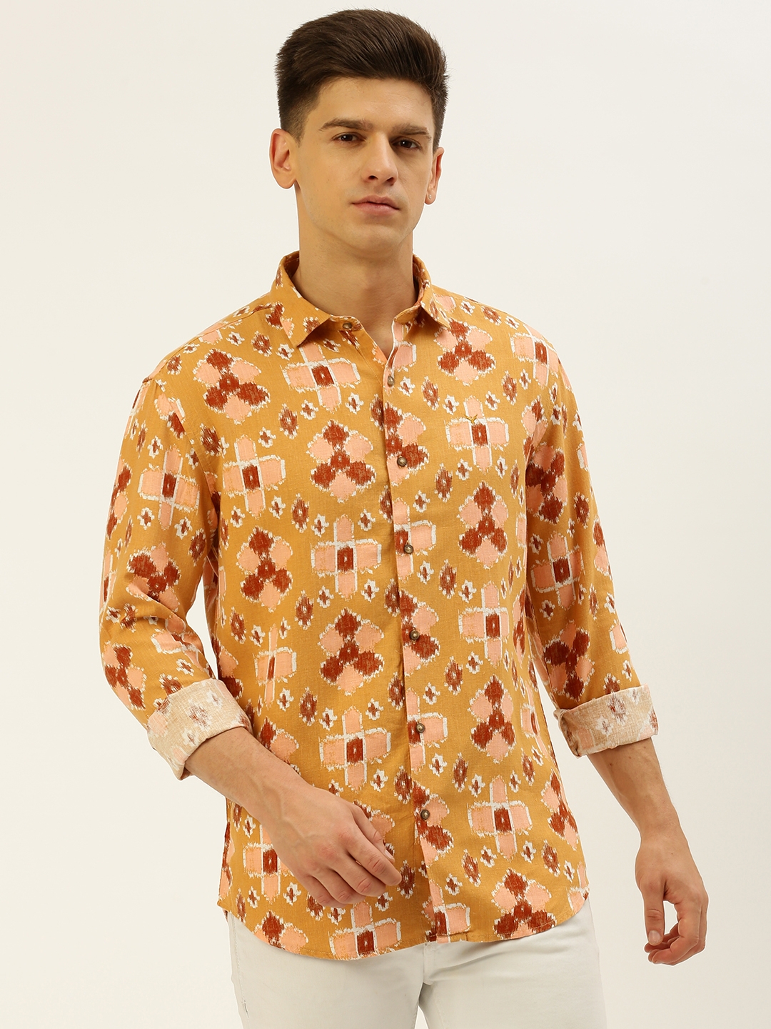 Showoff | SHOWOFF Men's Spread Collar Printed Mustard Regular Fit Shirt 1