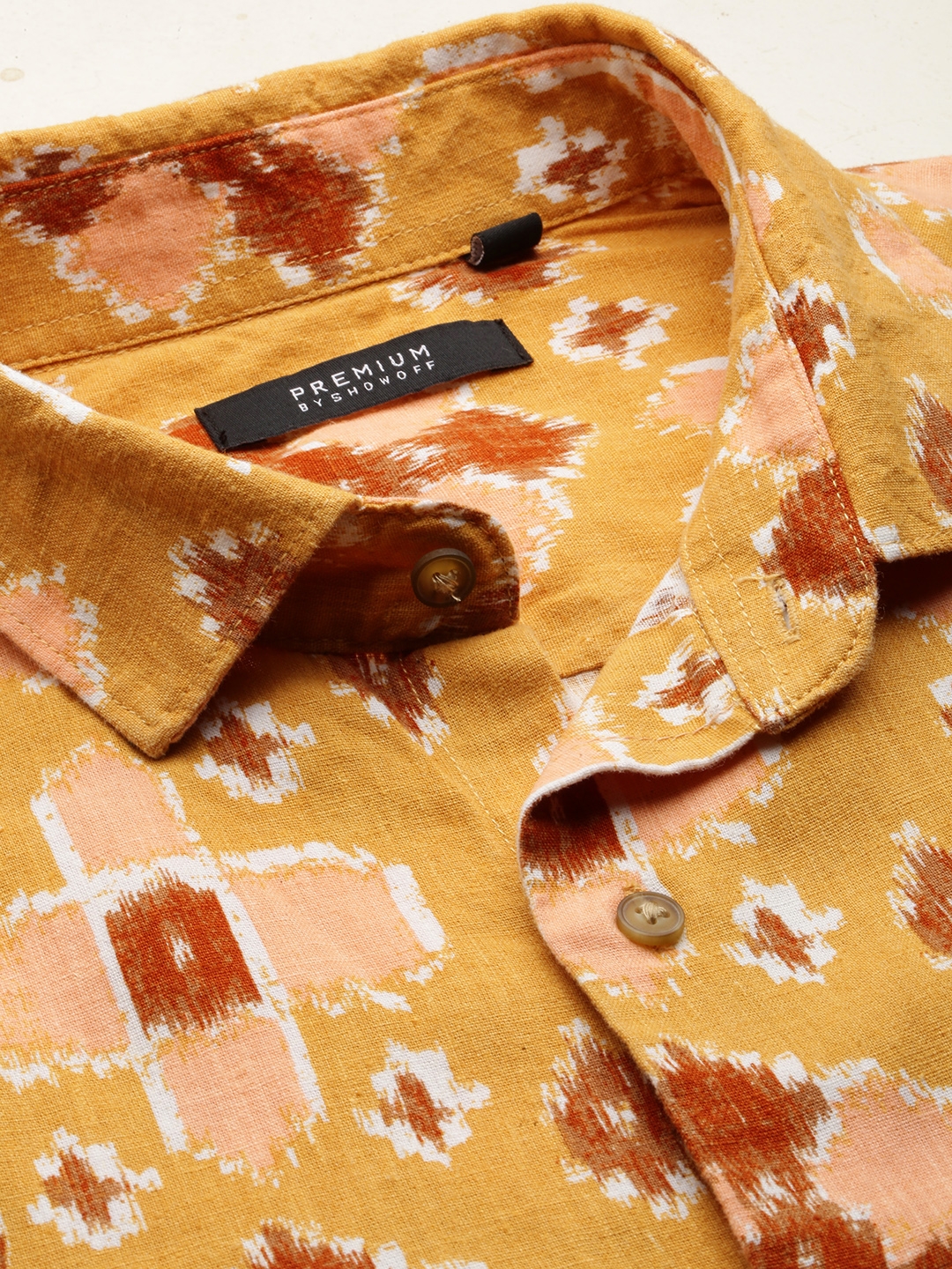 Showoff | SHOWOFF Men's Spread Collar Printed Mustard Regular Fit Shirt 6