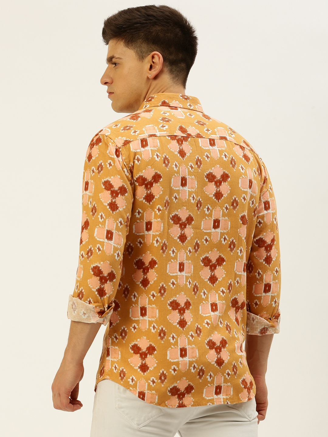 Showoff | SHOWOFF Men's Spread Collar Printed Mustard Regular Fit Shirt 3