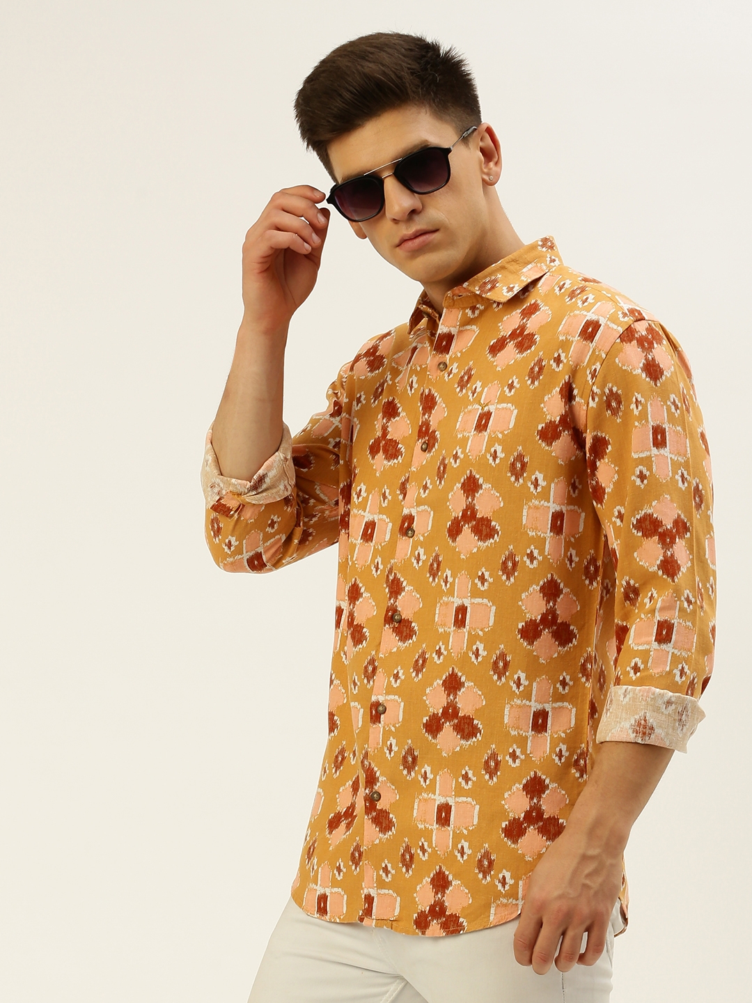 Showoff | SHOWOFF Men's Spread Collar Printed Mustard Regular Fit Shirt 0
