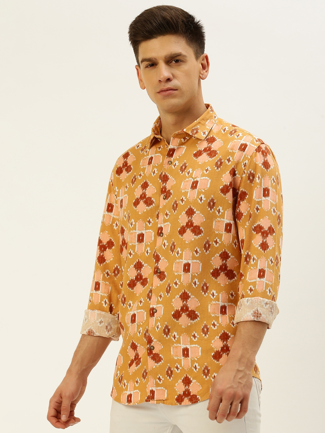Showoff | SHOWOFF Men's Spread Collar Printed Mustard Regular Fit Shirt 2