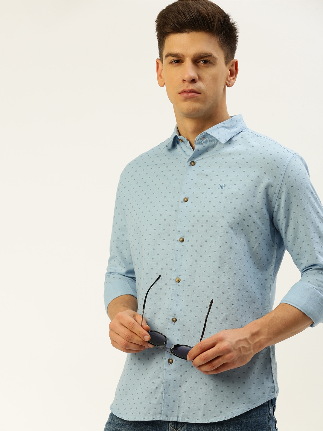 Showoff | SHOWOFF Men's Spread Collar Printed Blue Regular Fit Shirt 0