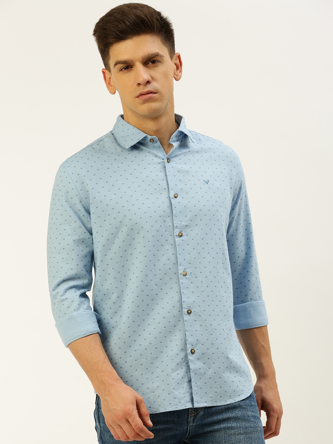 Showoff | SHOWOFF Men's Spread Collar Printed Blue Regular Fit Shirt 1