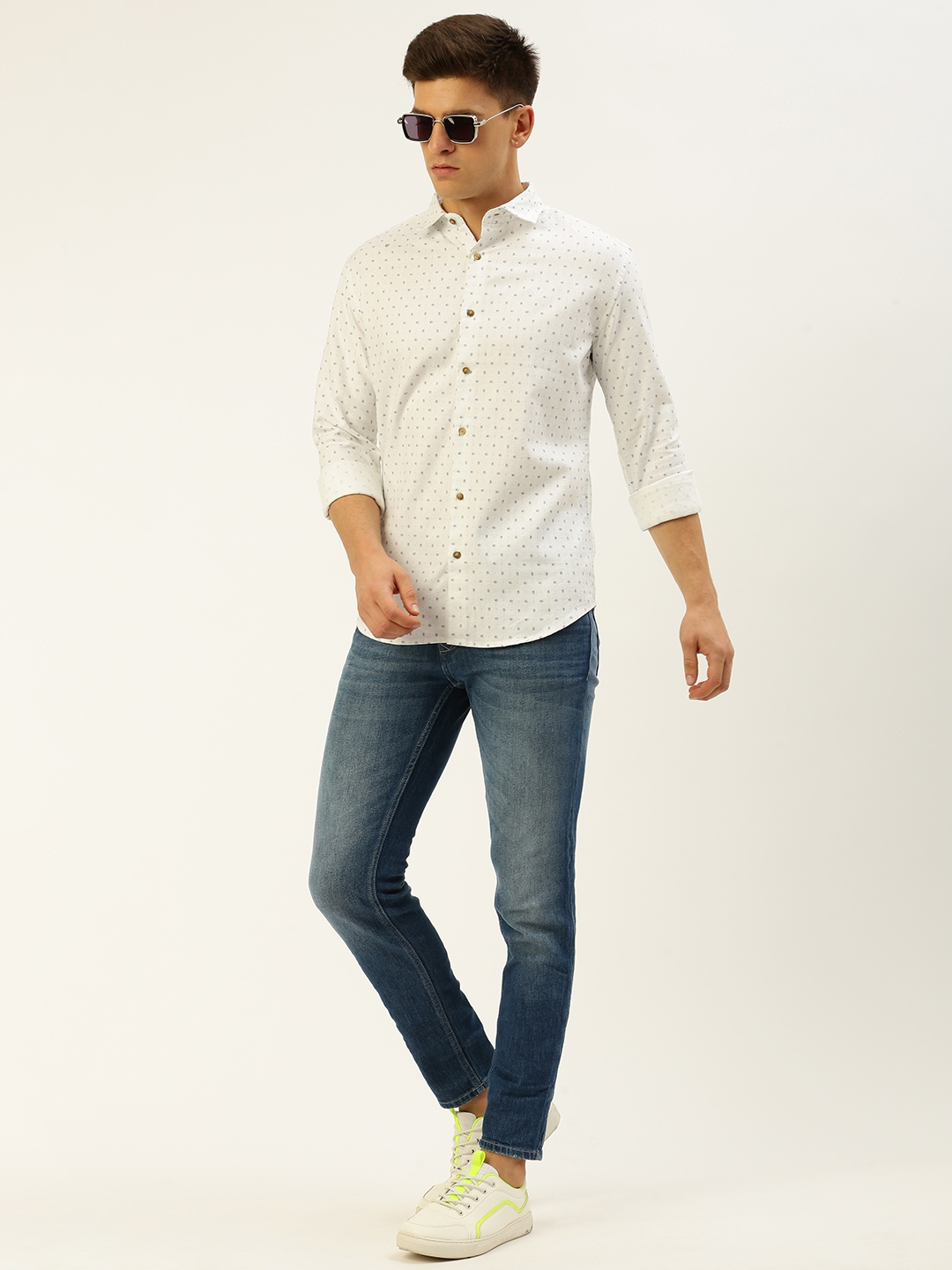 Showoff | SHOWOFF Men's Spread Collar Printed White Regular Fit Shirt 4