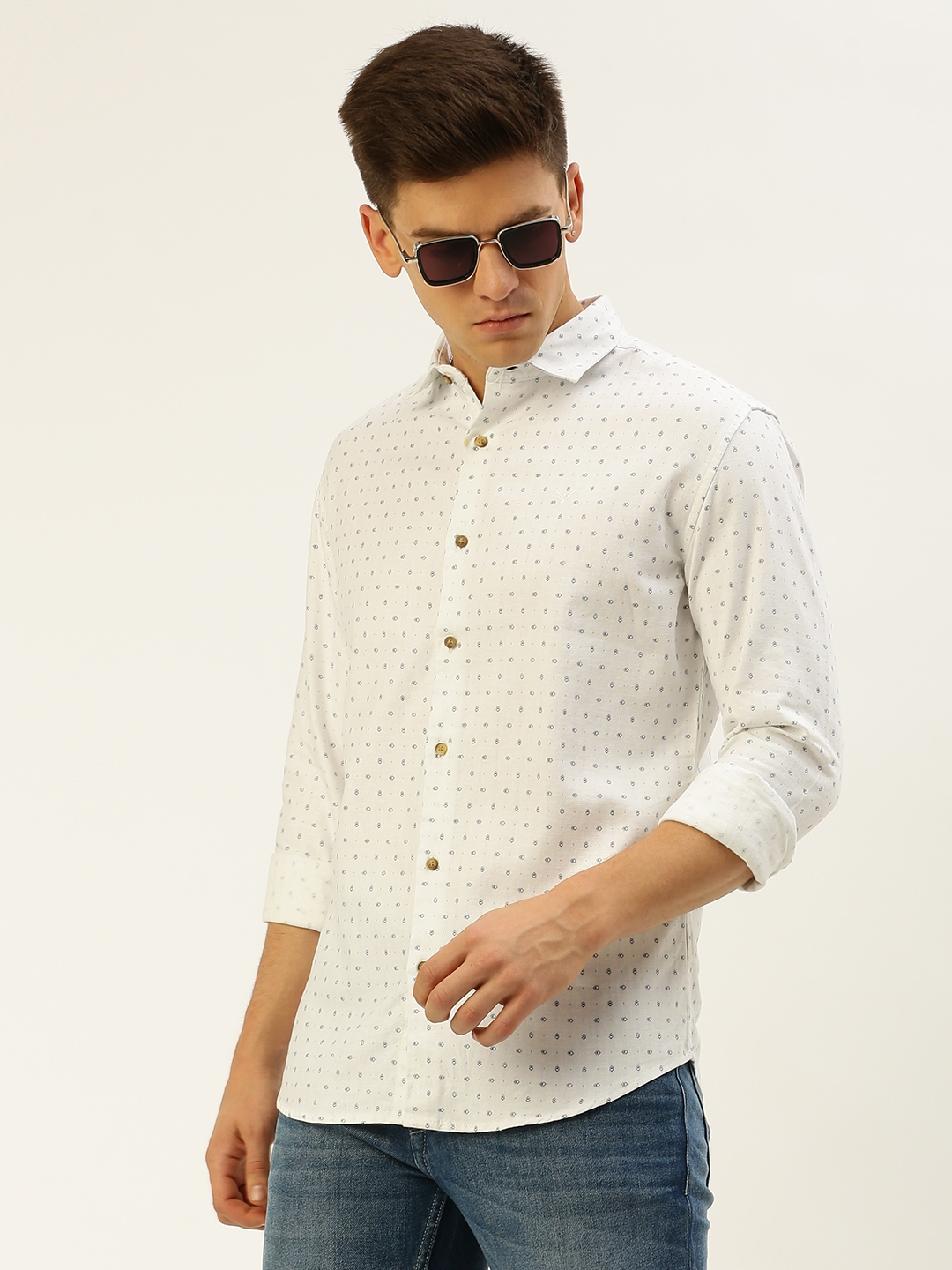 Showoff | SHOWOFF Men's Spread Collar Printed White Regular Fit Shirt 0