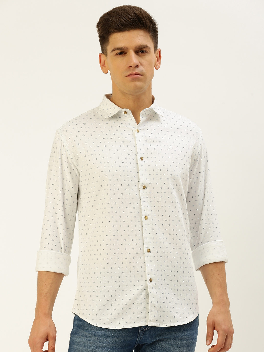 Showoff | SHOWOFF Men's Spread Collar Printed White Regular Fit Shirt 1