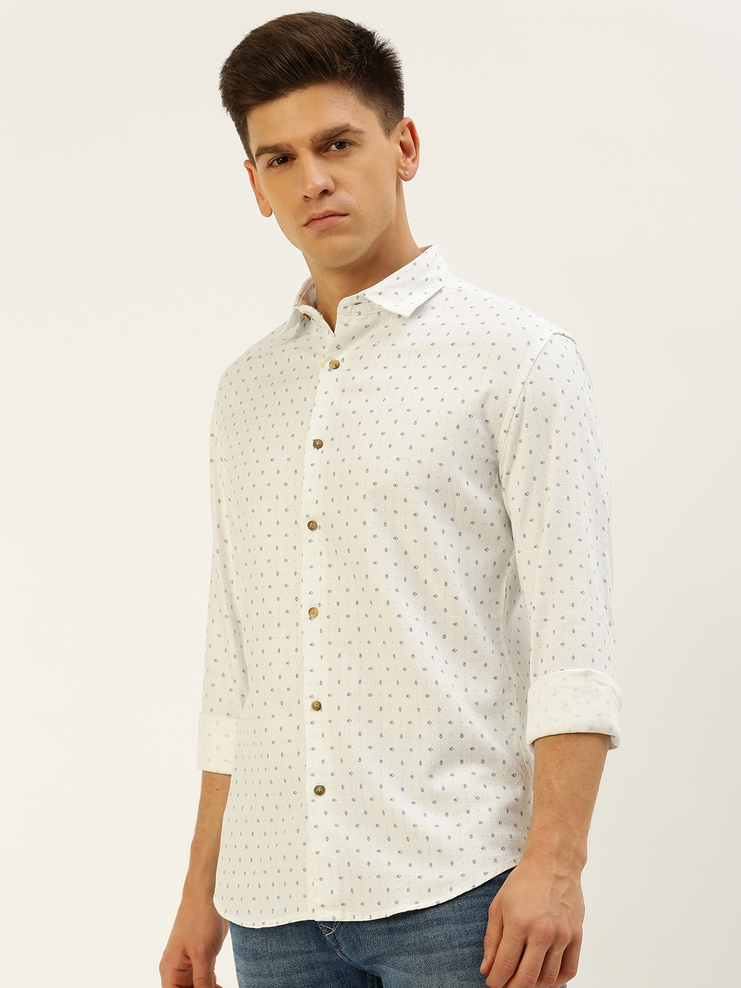 Showoff | SHOWOFF Men's Spread Collar Printed White Regular Fit Shirt 2