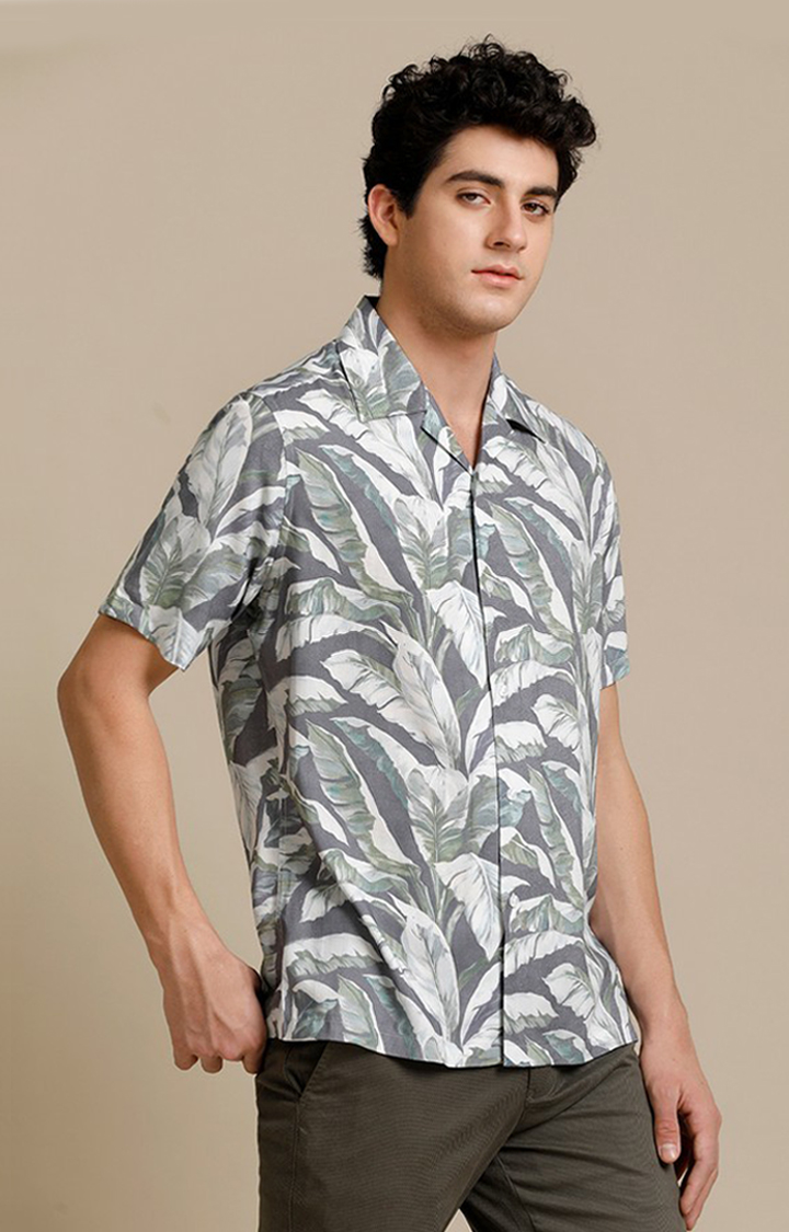 Men's Grey Cotton Tropical Casual Shirt