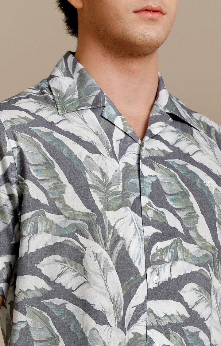 Men's Grey Cotton Tropical Casual Shirt