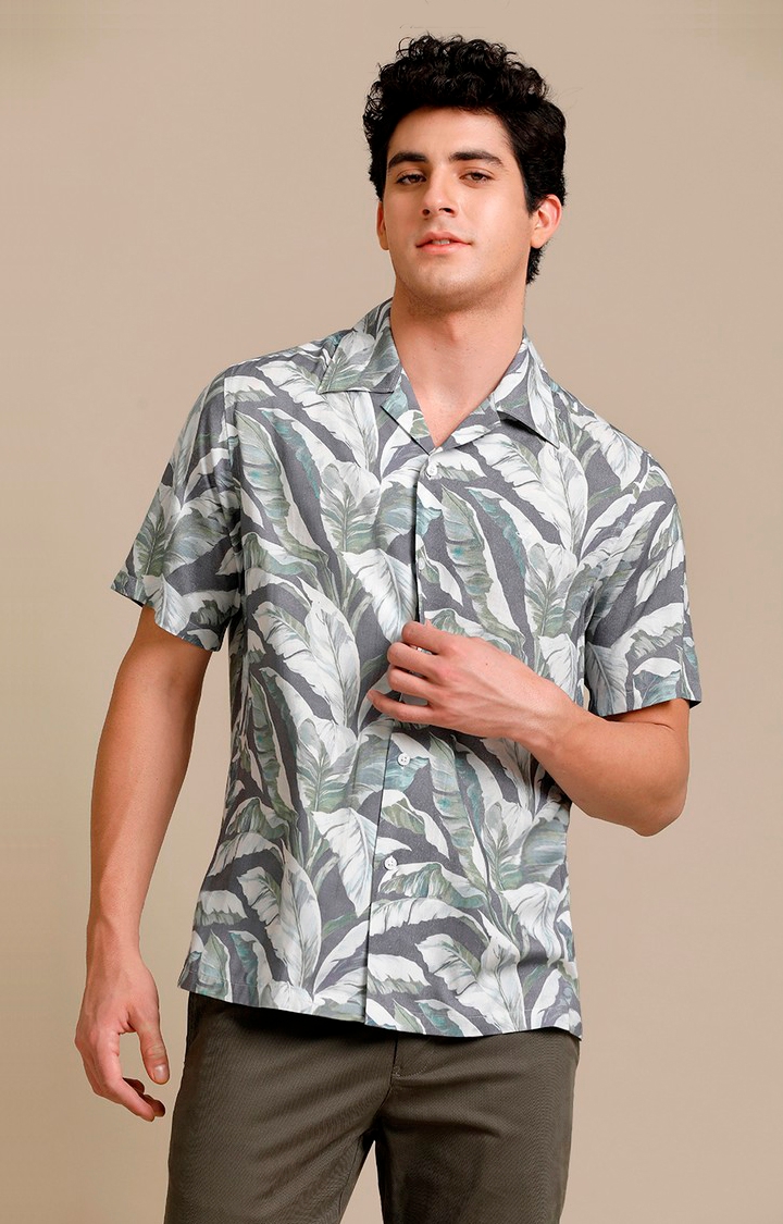 Men's Grey Cotton Tropical Casual Shirt
