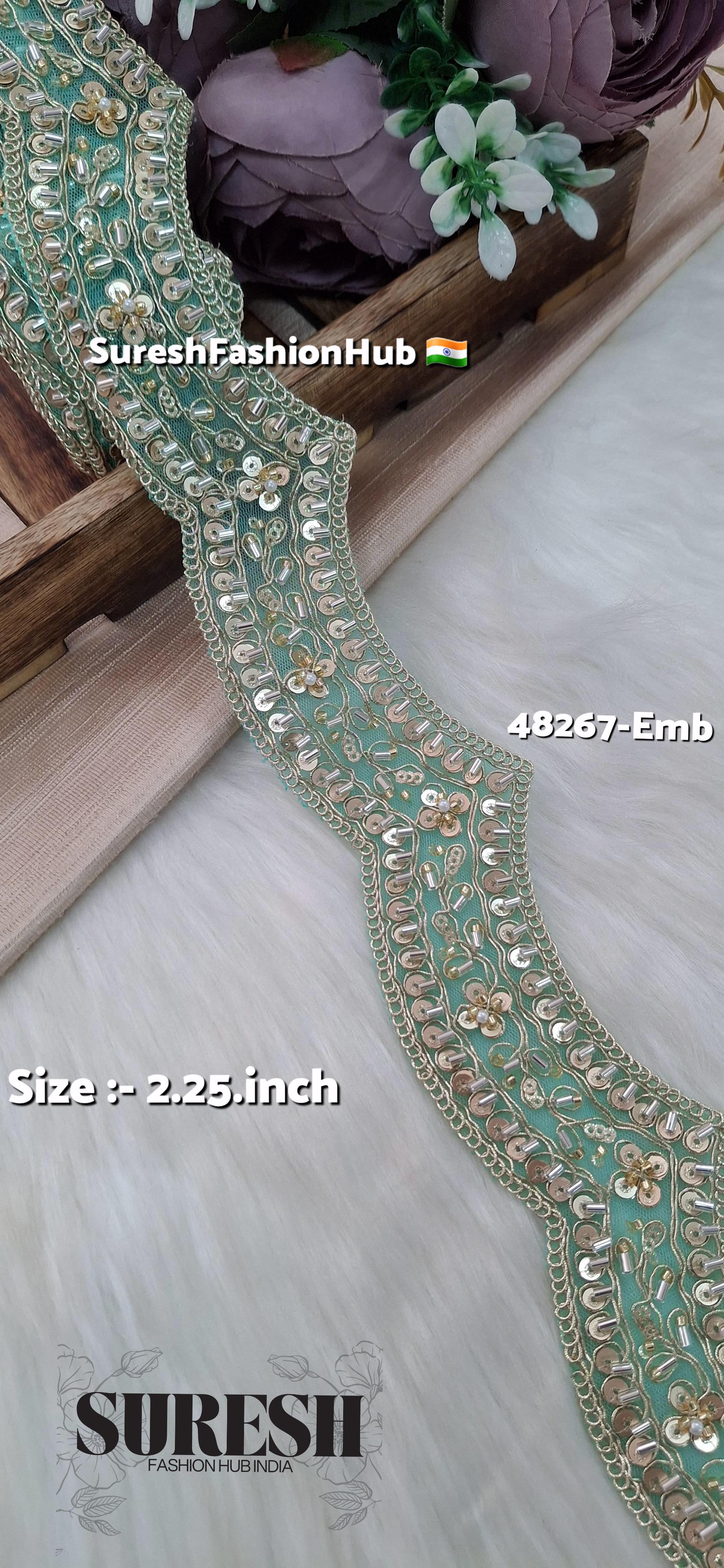 Sea Green Scallop Pearl Embroidery Lace