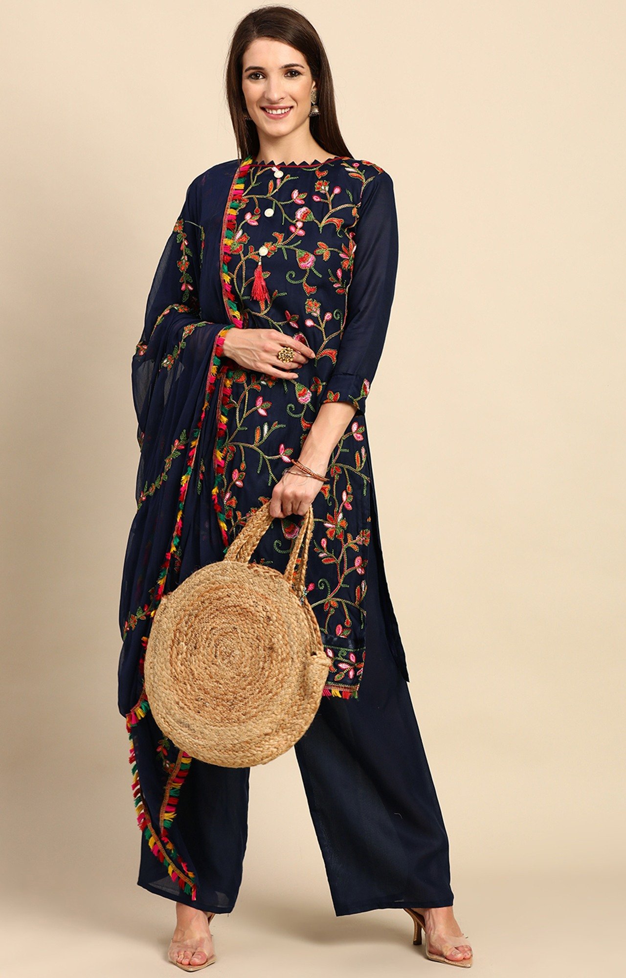 Shaily Women Navy Blue Color Cotton Embroidered With Tessels Unstitched Dress Material-VF_LILY_NBLUE_DM