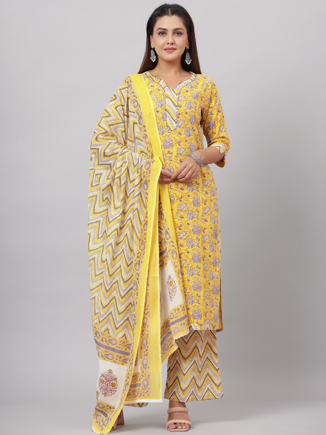 COTTON ETHNIC YELLOW PRINTED KURTA SET