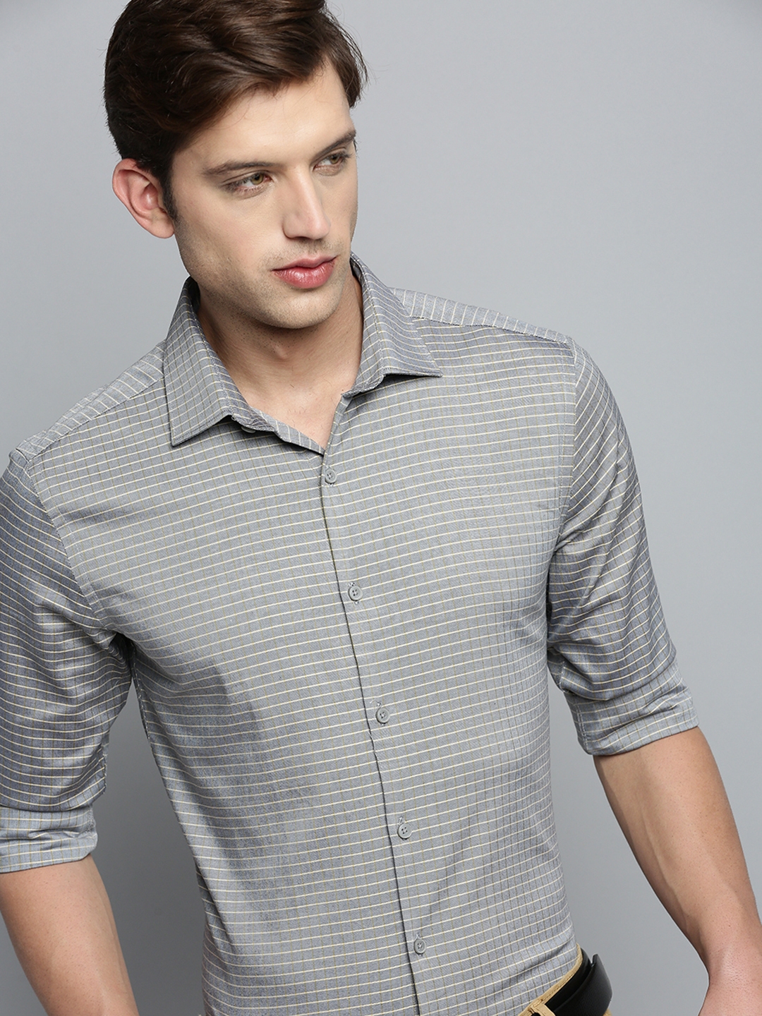 Showoff | SHOWOFF Men's Spread Collar Checked Grey Classic Shirt 0