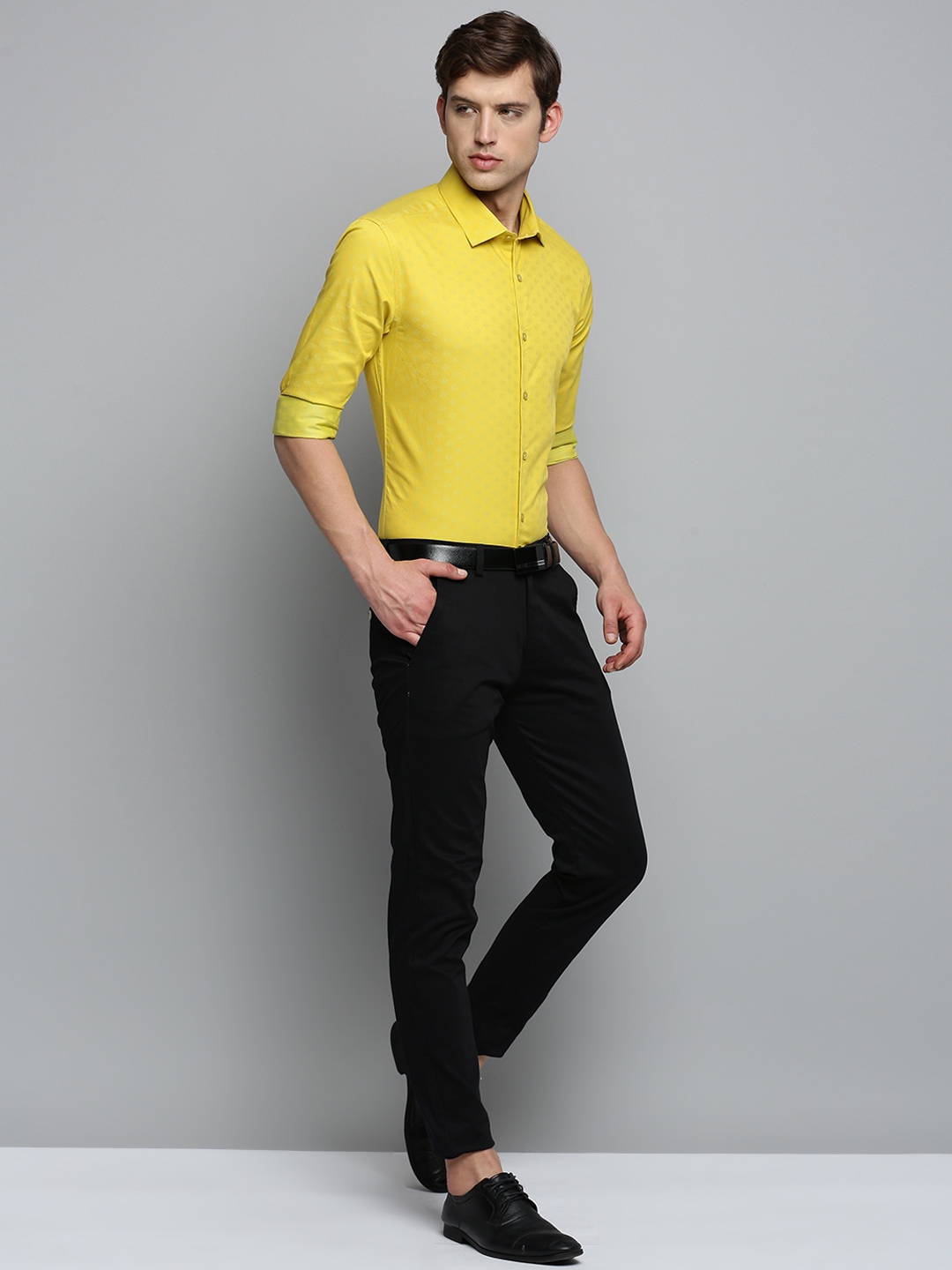 Showoff | SHOWOFF Men's Spread Collar Self Design Yellow Classic Shirt 4