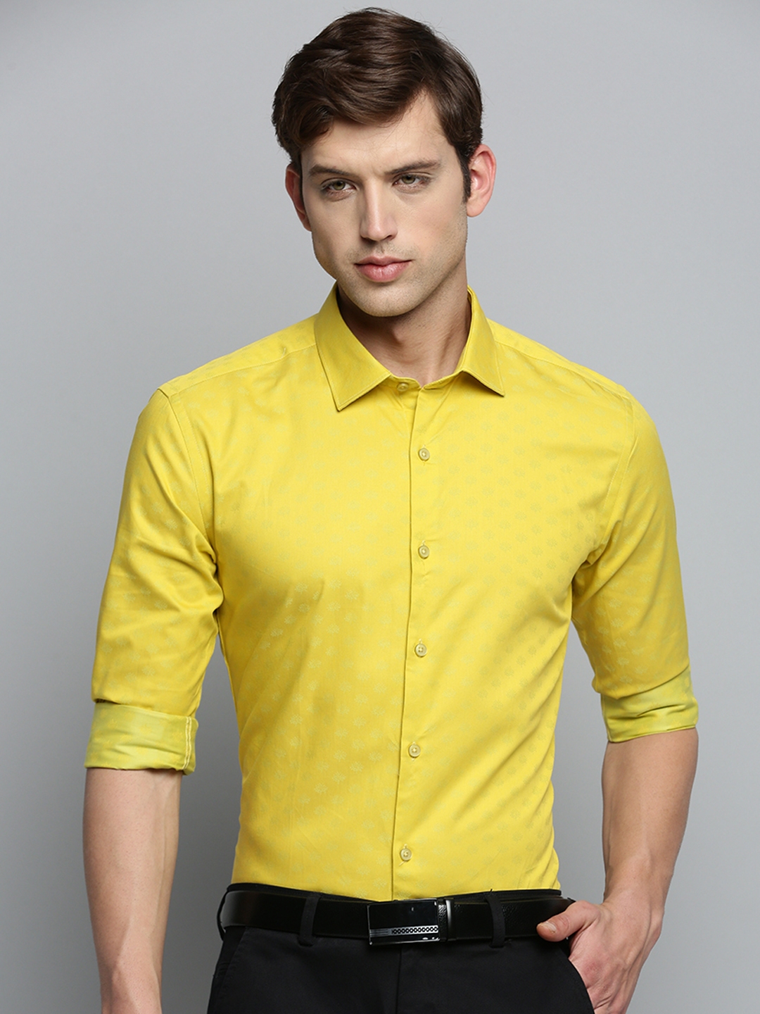 Showoff | SHOWOFF Men's Spread Collar Self Design Yellow Classic Shirt 1