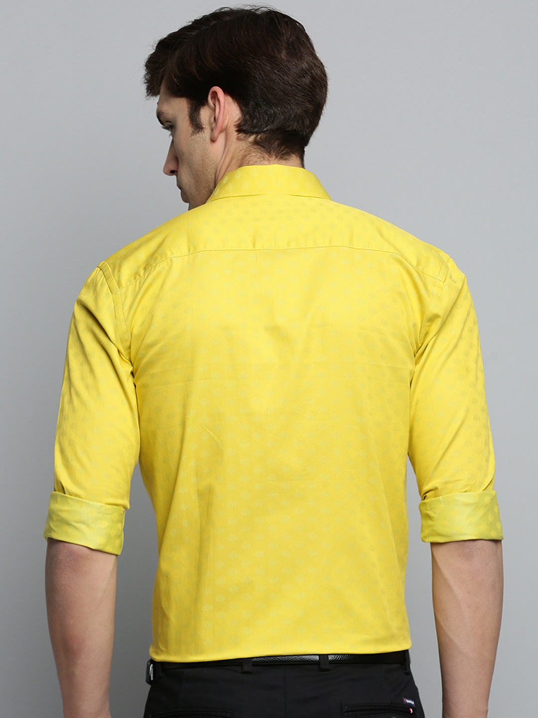 Showoff | SHOWOFF Men's Spread Collar Self Design Yellow Classic Shirt 3