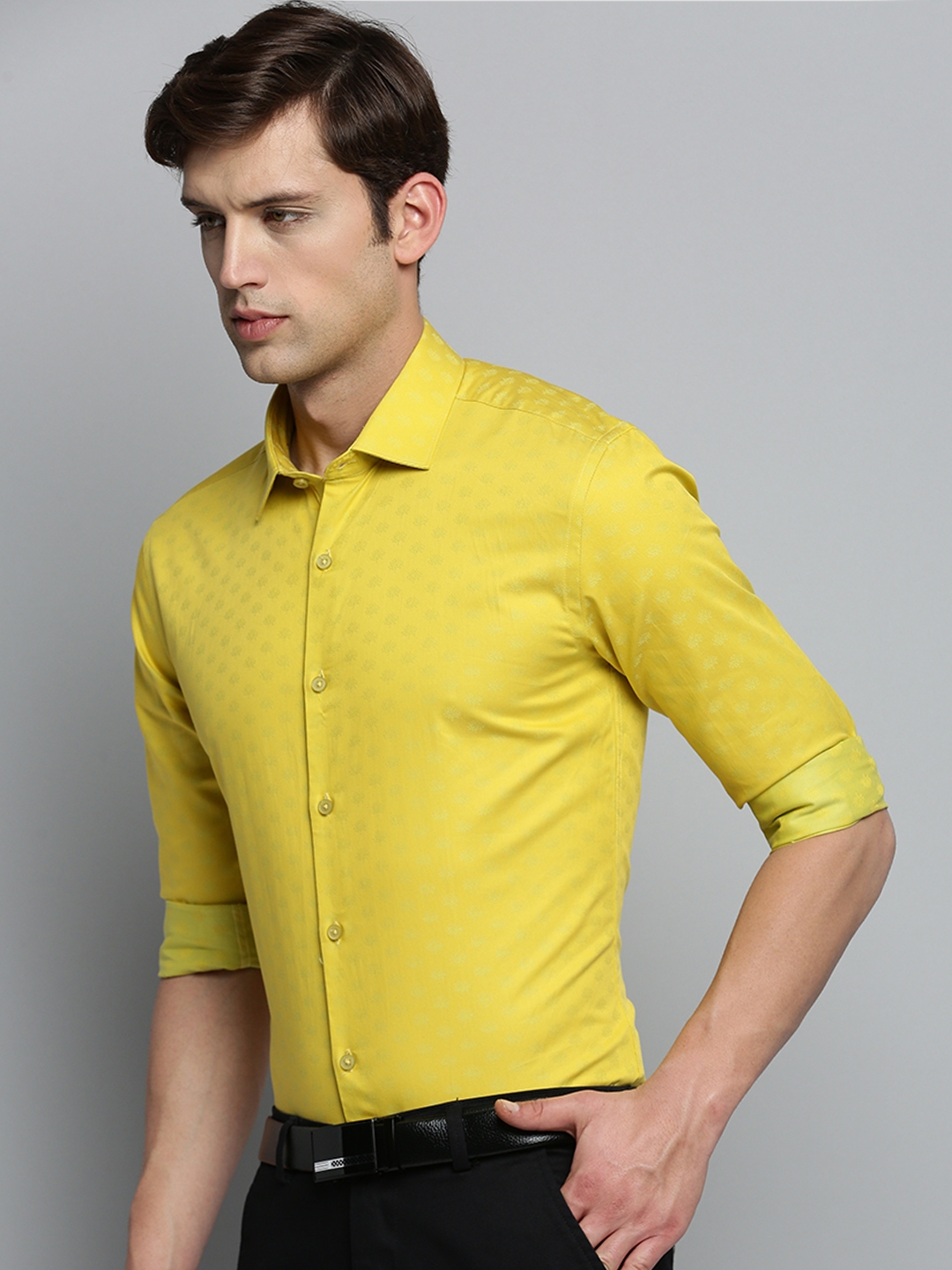 Showoff | SHOWOFF Men's Spread Collar Self Design Yellow Classic Shirt 2