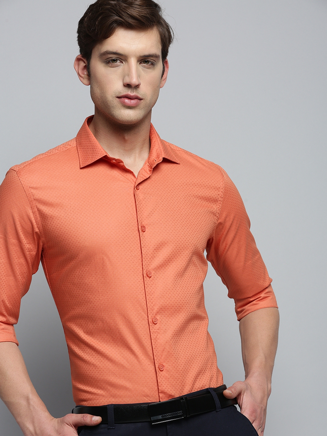 Showoff | SHOWOFF Men's Spread Collar Self Design Orange Classic Shirt 0