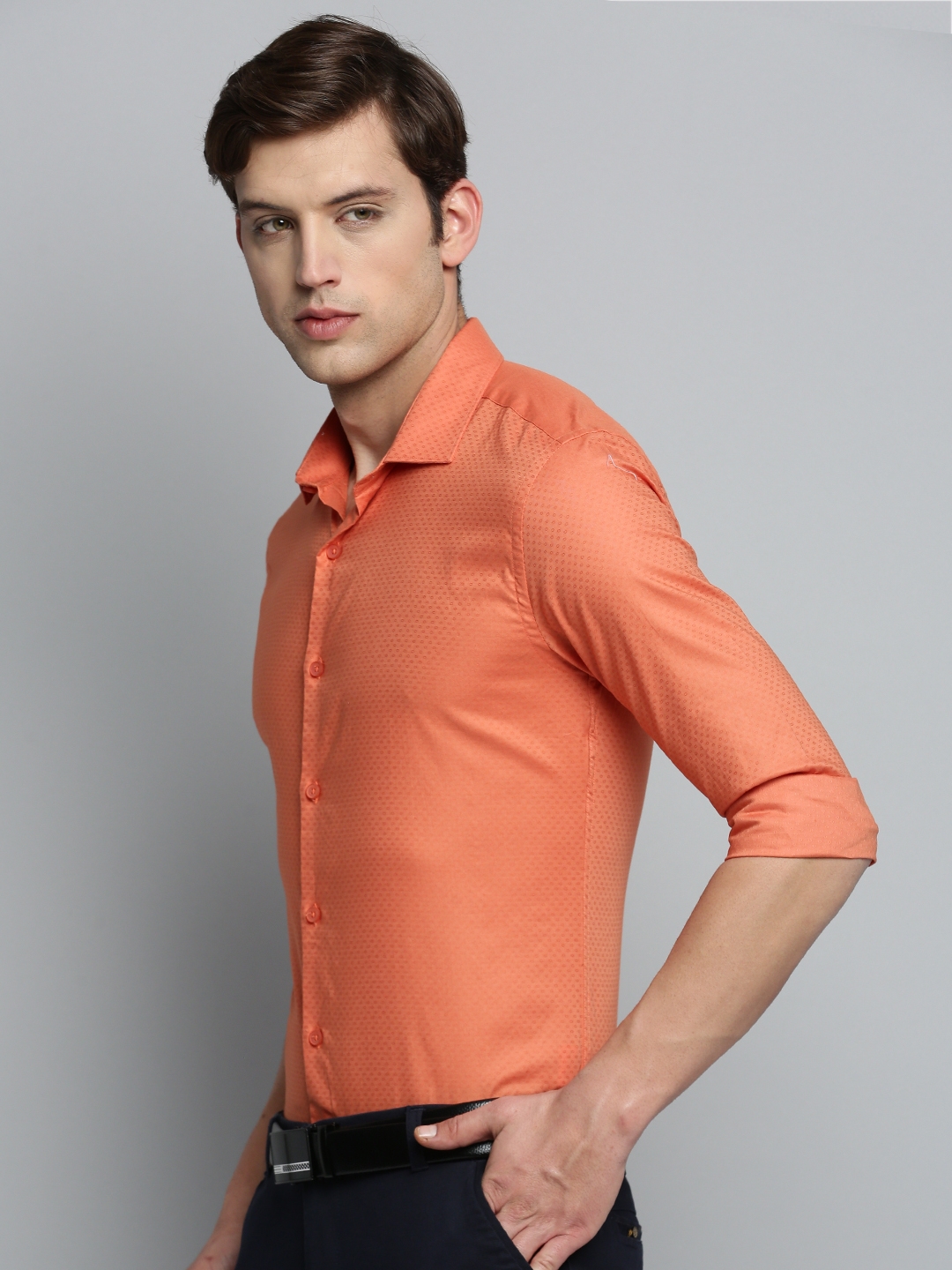 Showoff | SHOWOFF Men's Spread Collar Self Design Orange Classic Shirt 2