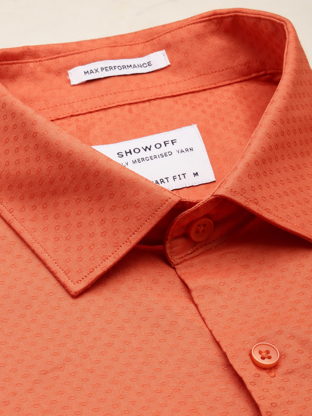 Showoff | SHOWOFF Men's Spread Collar Self Design Orange Classic Shirt 5