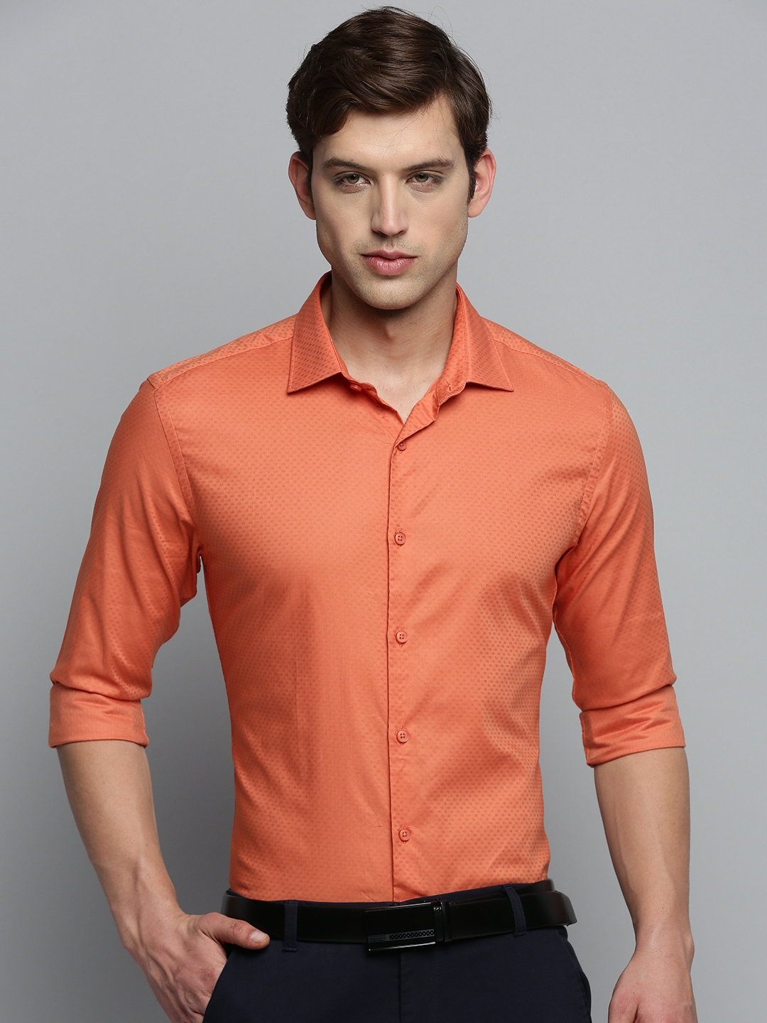 Showoff | SHOWOFF Men's Spread Collar Self Design Orange Classic Shirt 1