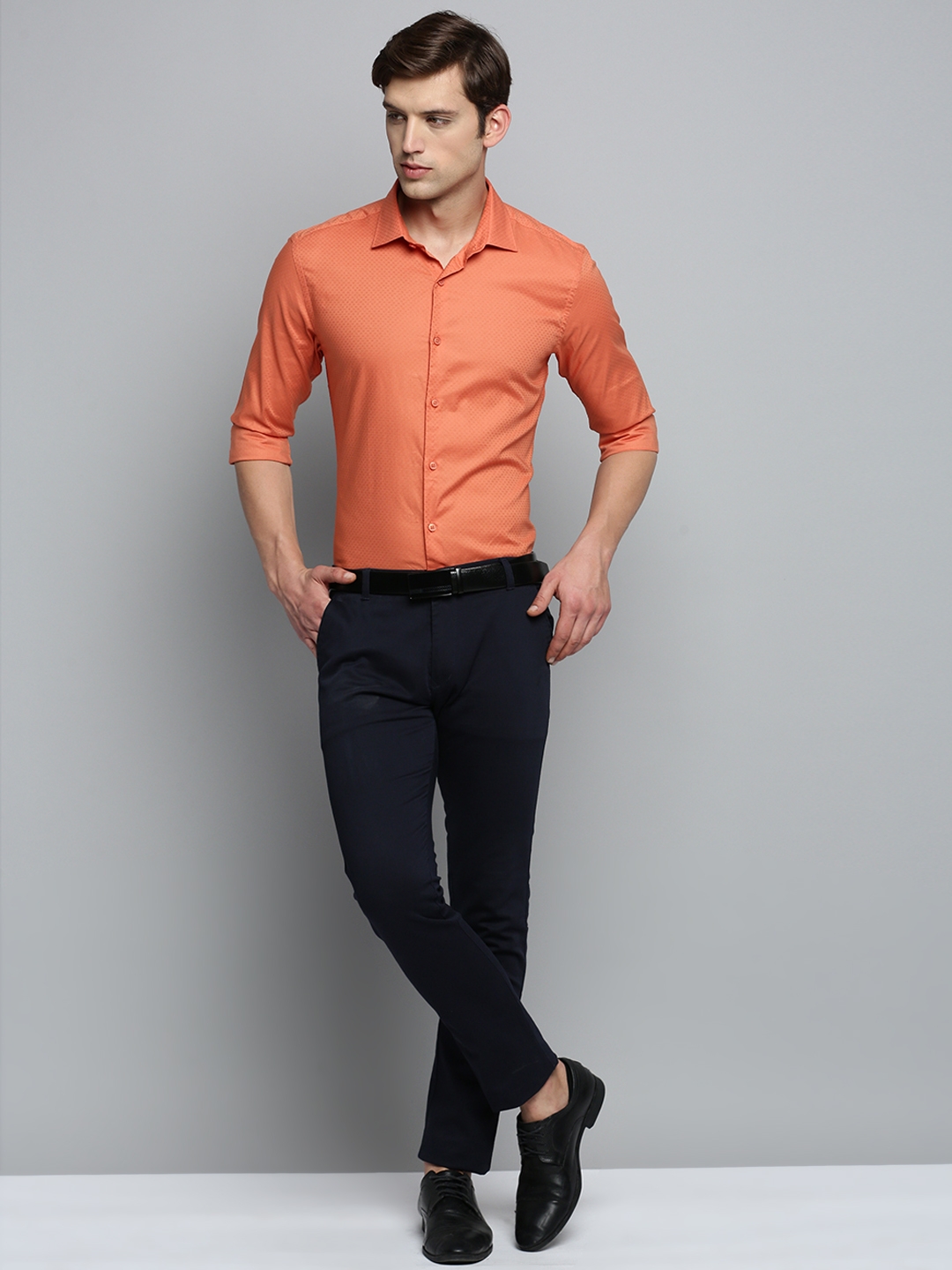 Showoff | SHOWOFF Men's Spread Collar Self Design Orange Classic Shirt 4