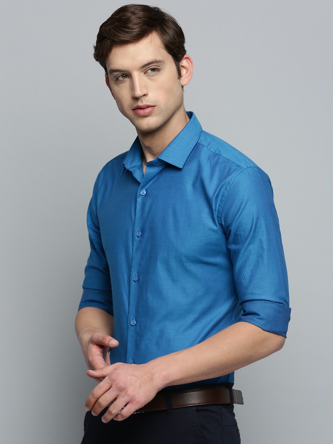 Showoff | SHOWOFF Men's Spread Collar Self Design Blue Classic Shirt 2