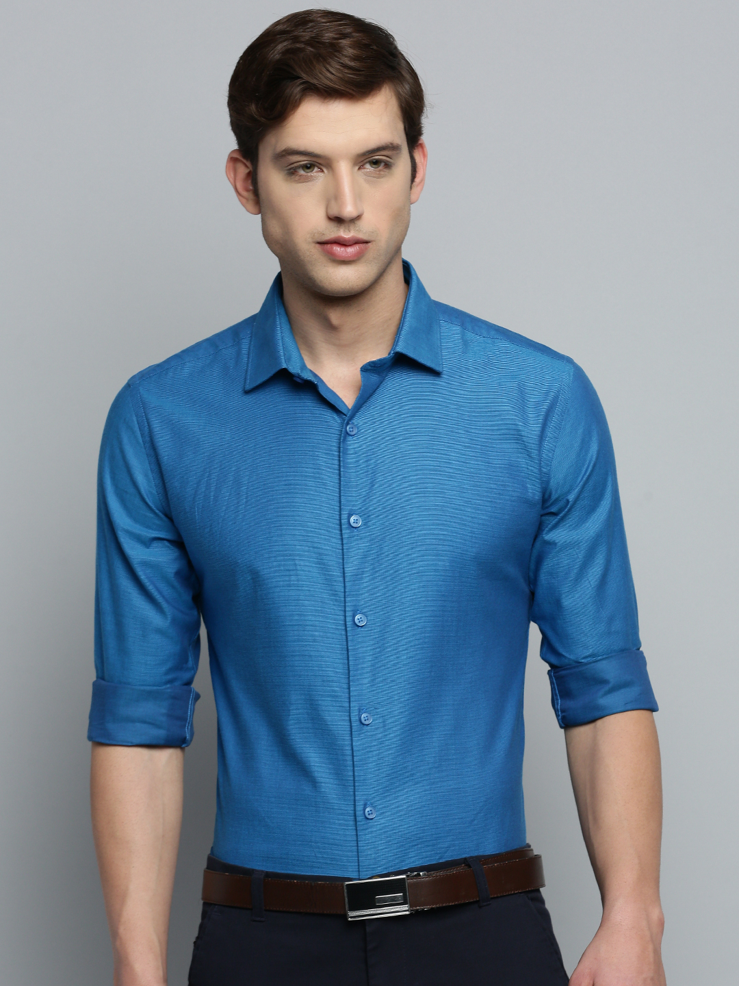 Showoff | SHOWOFF Men's Spread Collar Self Design Blue Classic Shirt 1