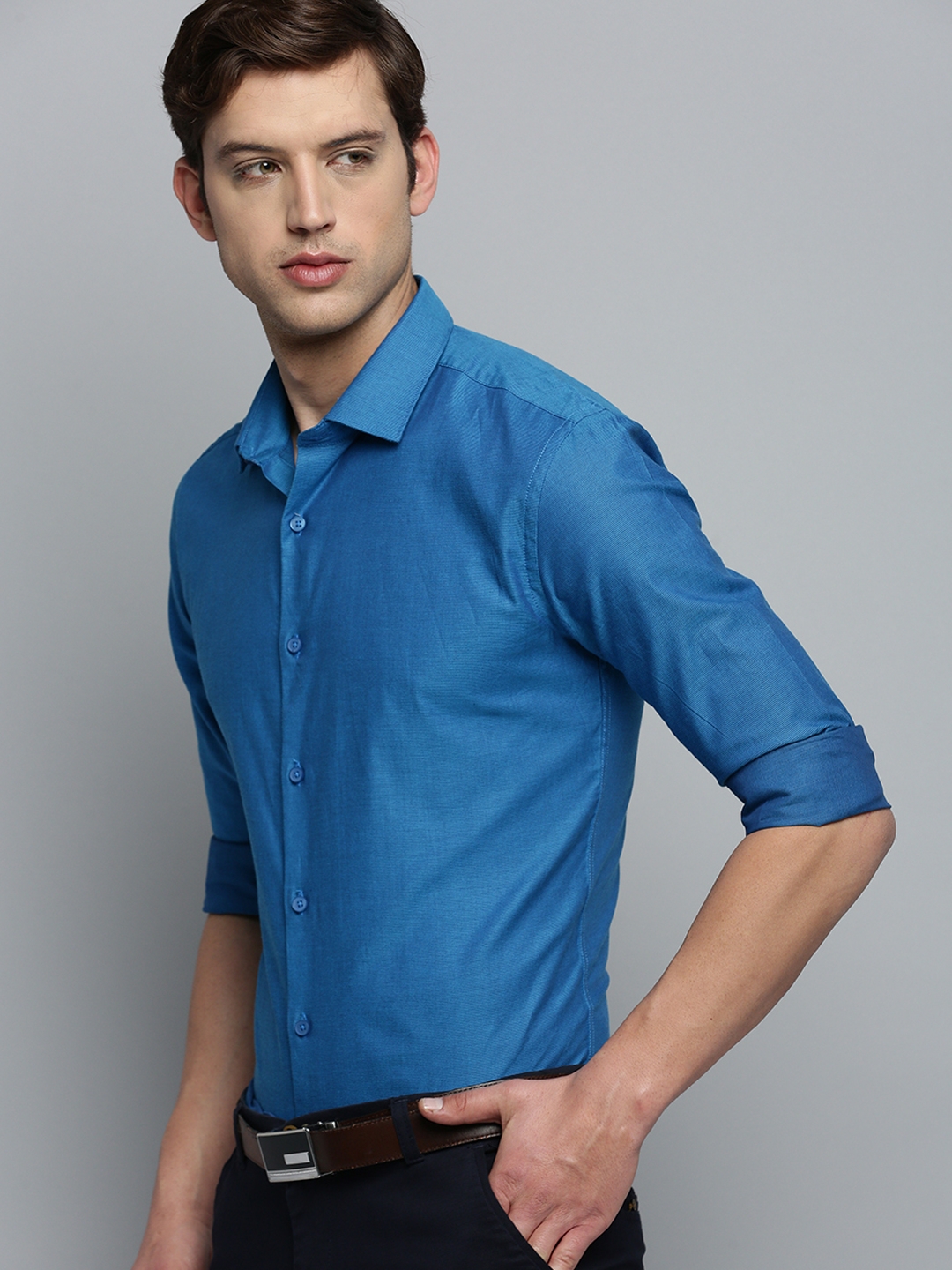 Showoff | SHOWOFF Men's Spread Collar Self Design Blue Classic Shirt 0