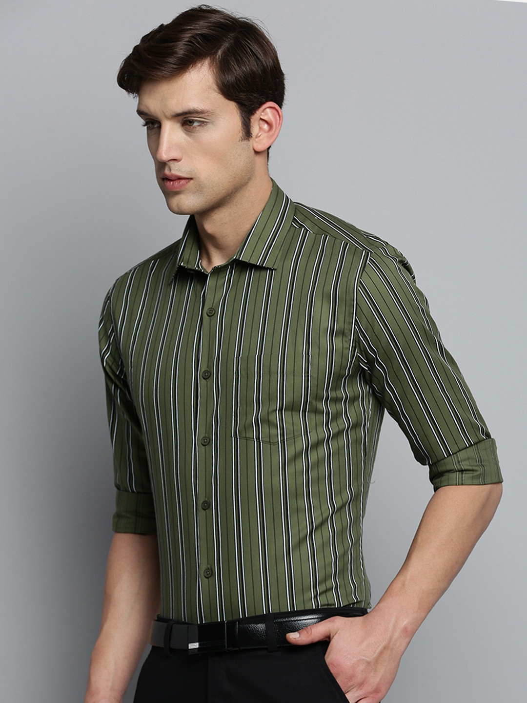 Showoff | SHOWOFF Men's Spread Collar Striped Olive Smart Shirt 2