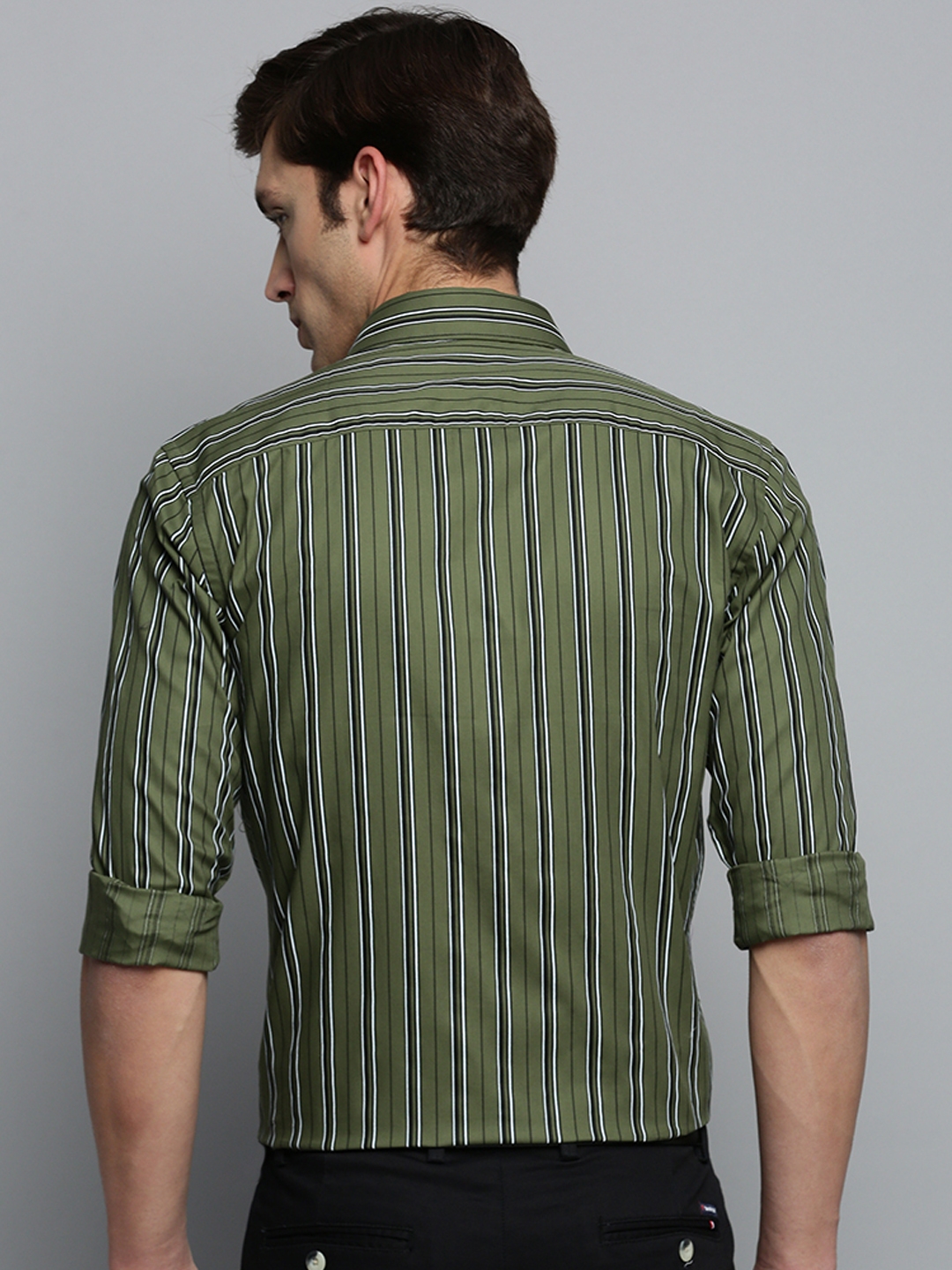 Showoff | SHOWOFF Men's Spread Collar Striped Olive Smart Shirt 3