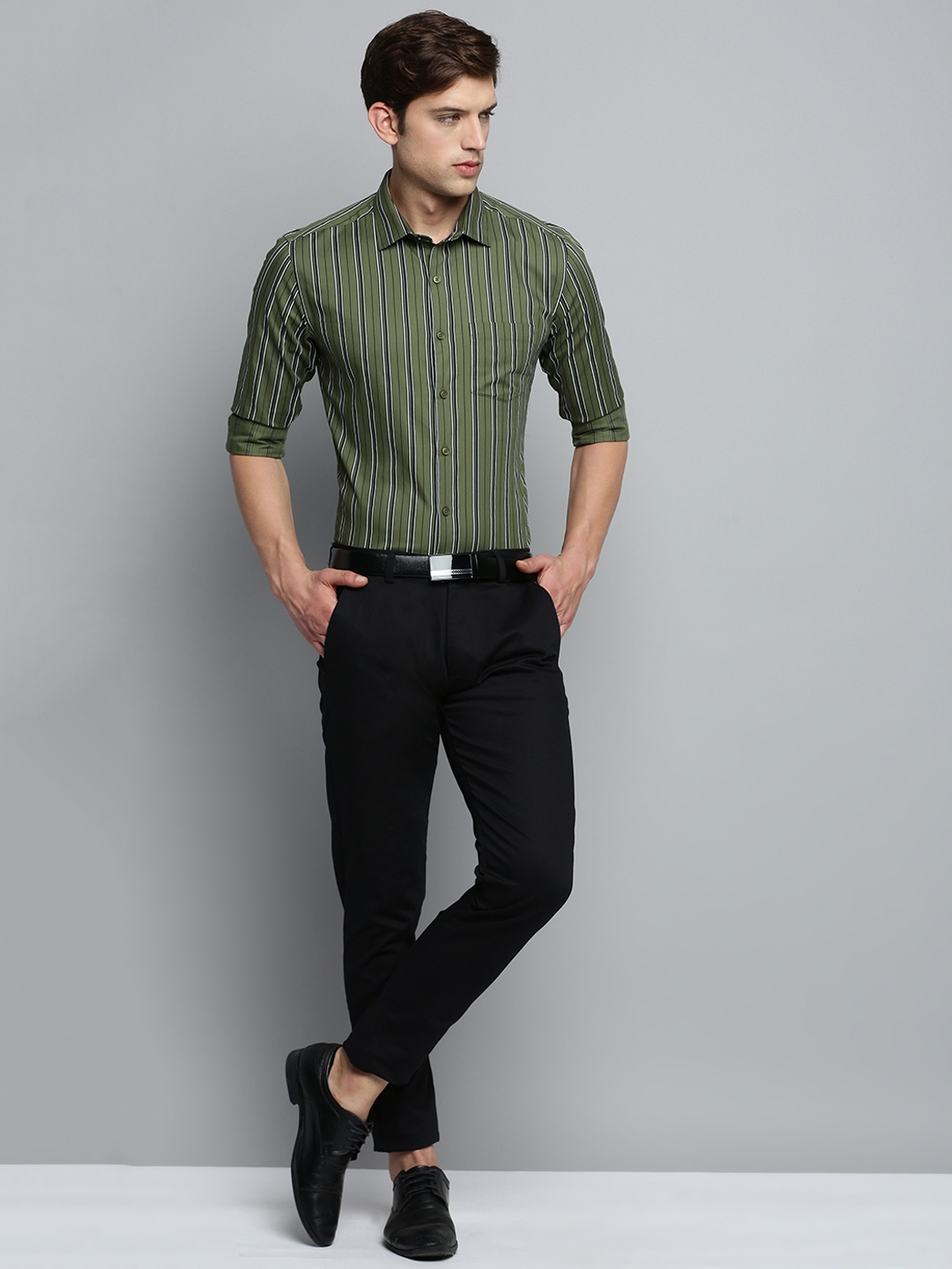 Showoff | SHOWOFF Men's Spread Collar Striped Olive Smart Shirt 4