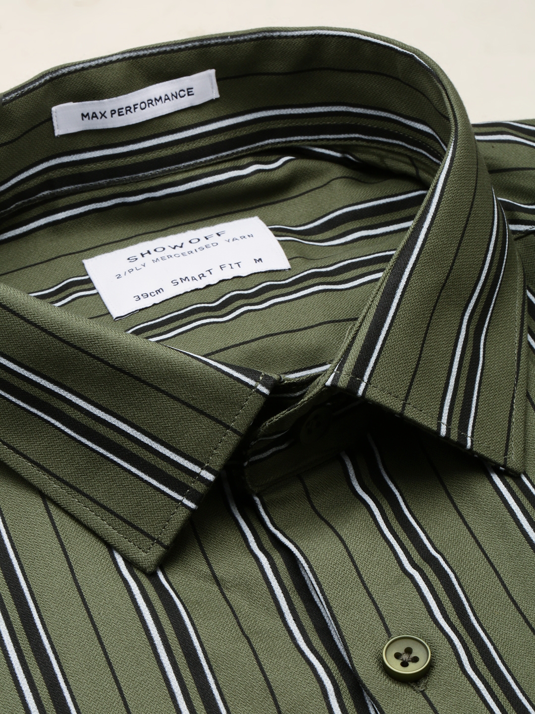 Showoff | SHOWOFF Men's Spread Collar Striped Olive Smart Shirt 5