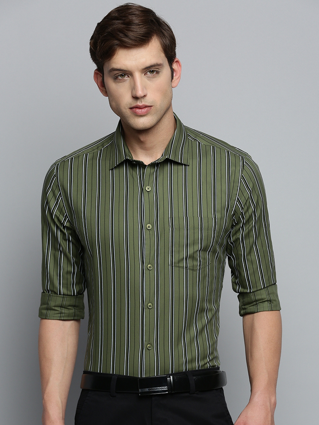 Showoff | SHOWOFF Men's Spread Collar Striped Olive Smart Shirt 1