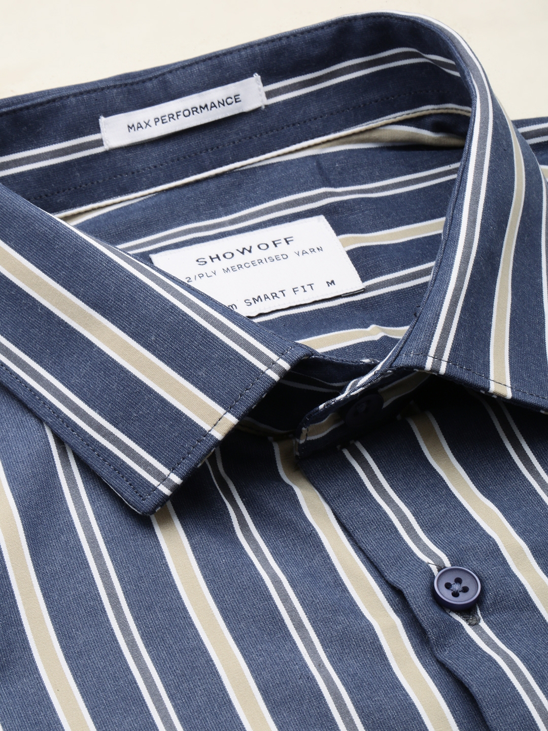 Showoff | SHOWOFF Men's Spread Collar Striped Navy Blue Smart Shirt 5
