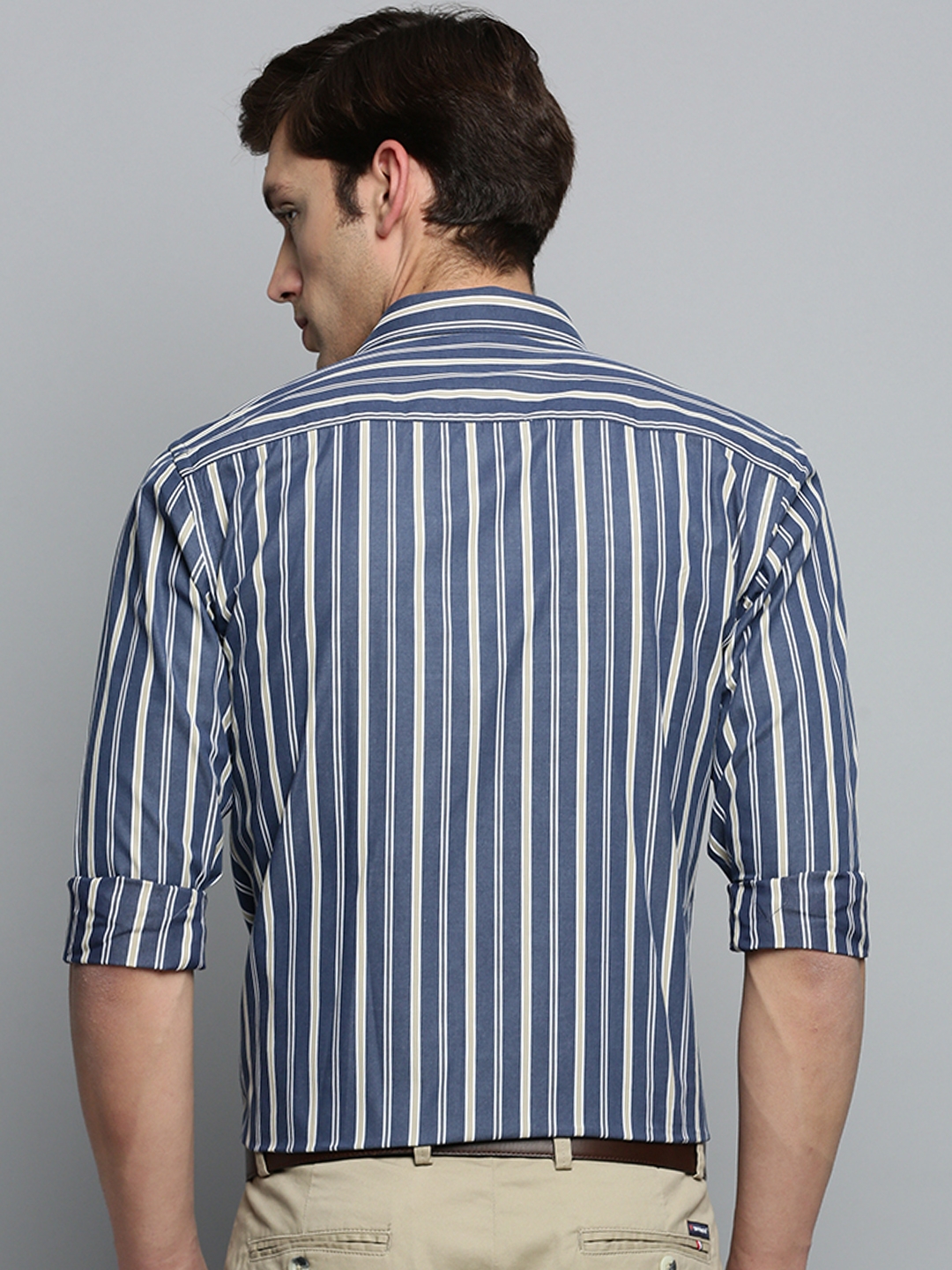 Showoff | SHOWOFF Men's Spread Collar Striped Navy Blue Smart Shirt 3