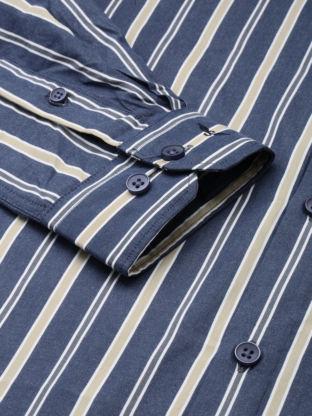 Showoff | SHOWOFF Men's Spread Collar Striped Navy Blue Smart Shirt 6