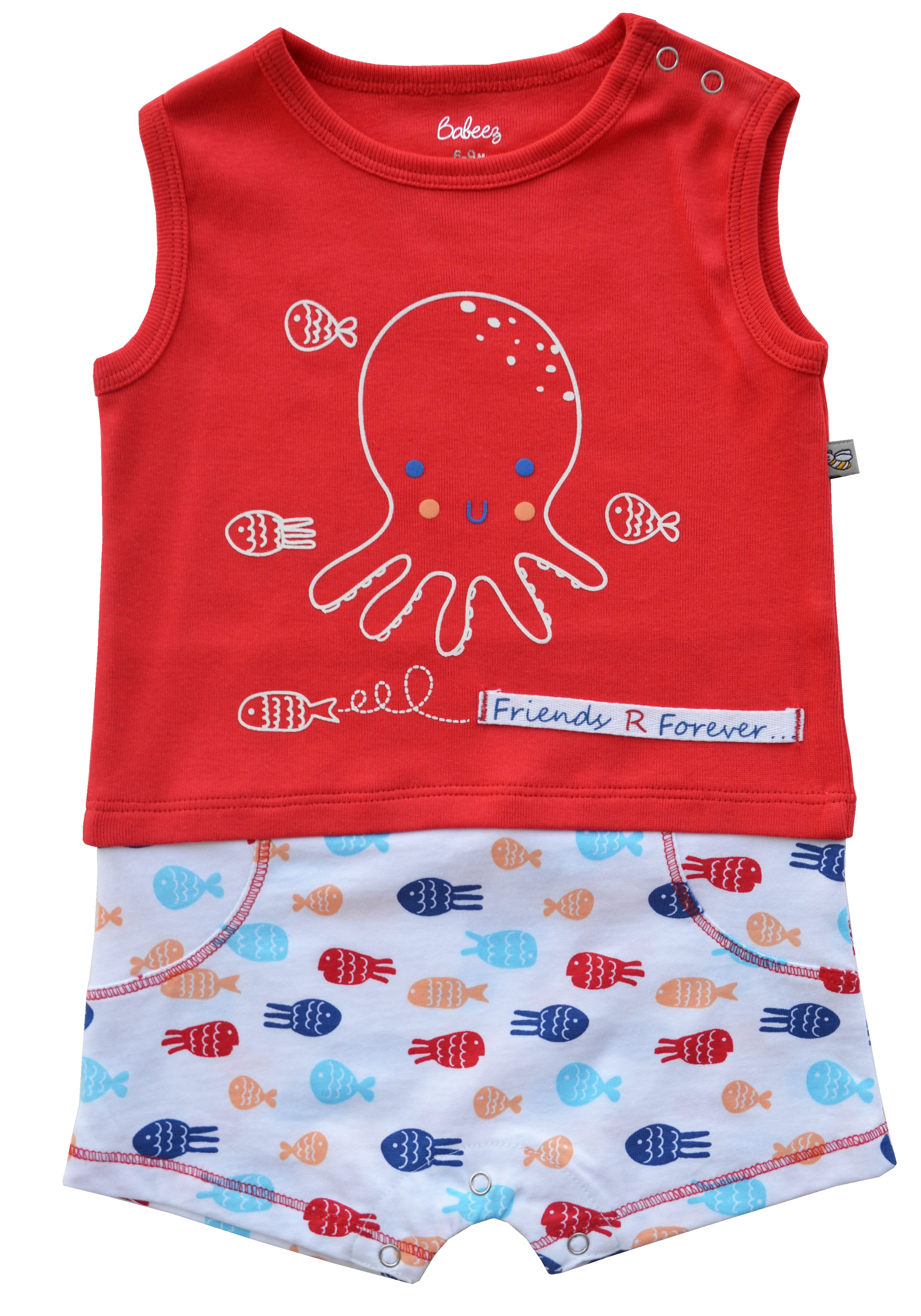 Babeez | Red & Allover Fish Print Sleeveless T-Romper (100% Cotton Rib) undefined