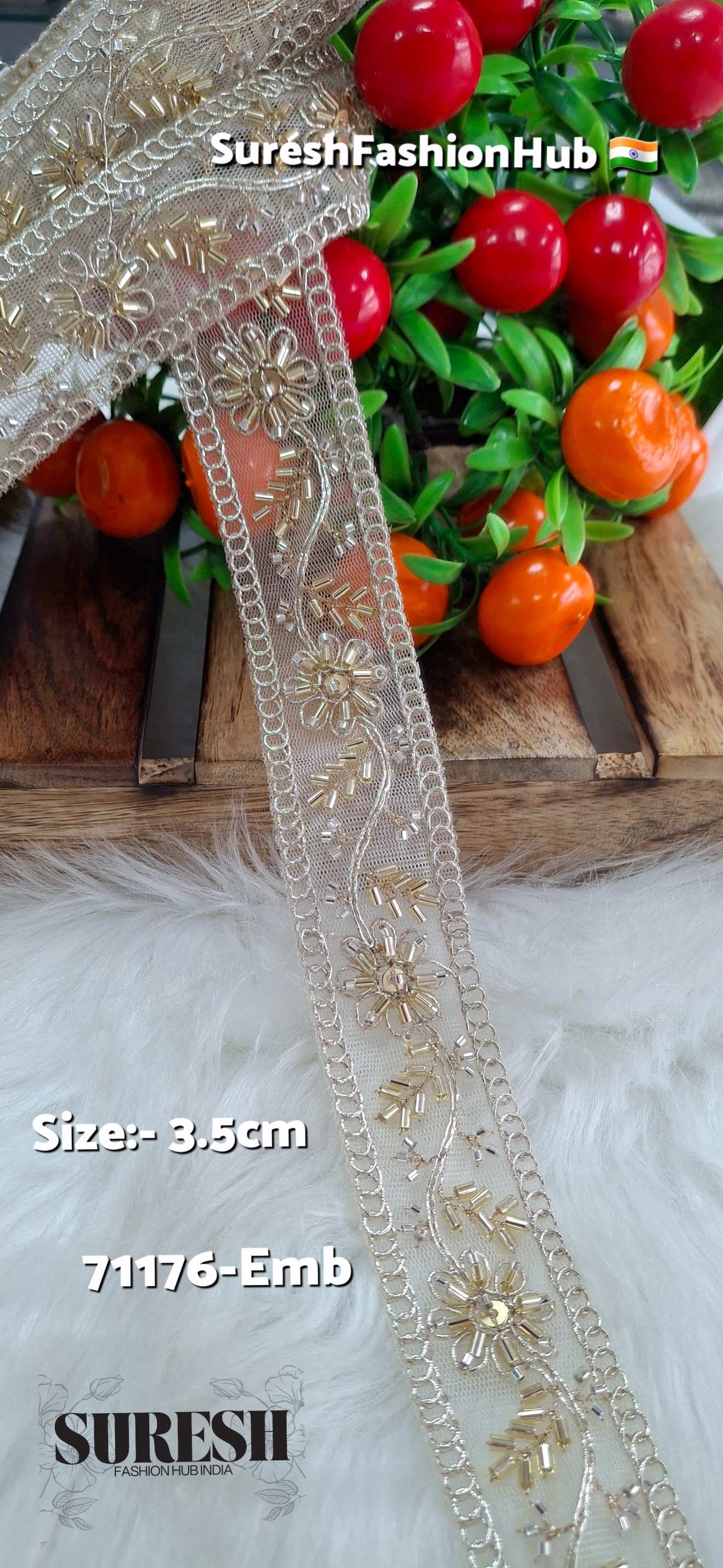 Pearl Gold Floral Cutdana Embroidery Lace – Design No. 71176-Emb-