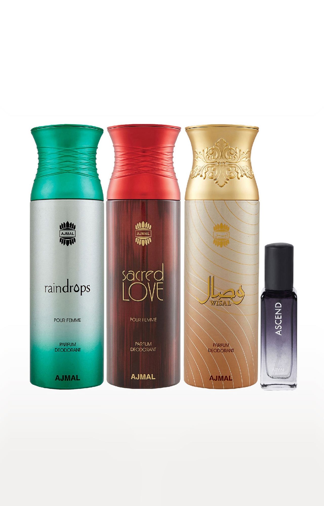 Ajmal Raindrops & Sacred Love & Wisal Deo each 200ML & Ascend EDP 20ML Pack of 4 (Total 620ML) for Men & Women 