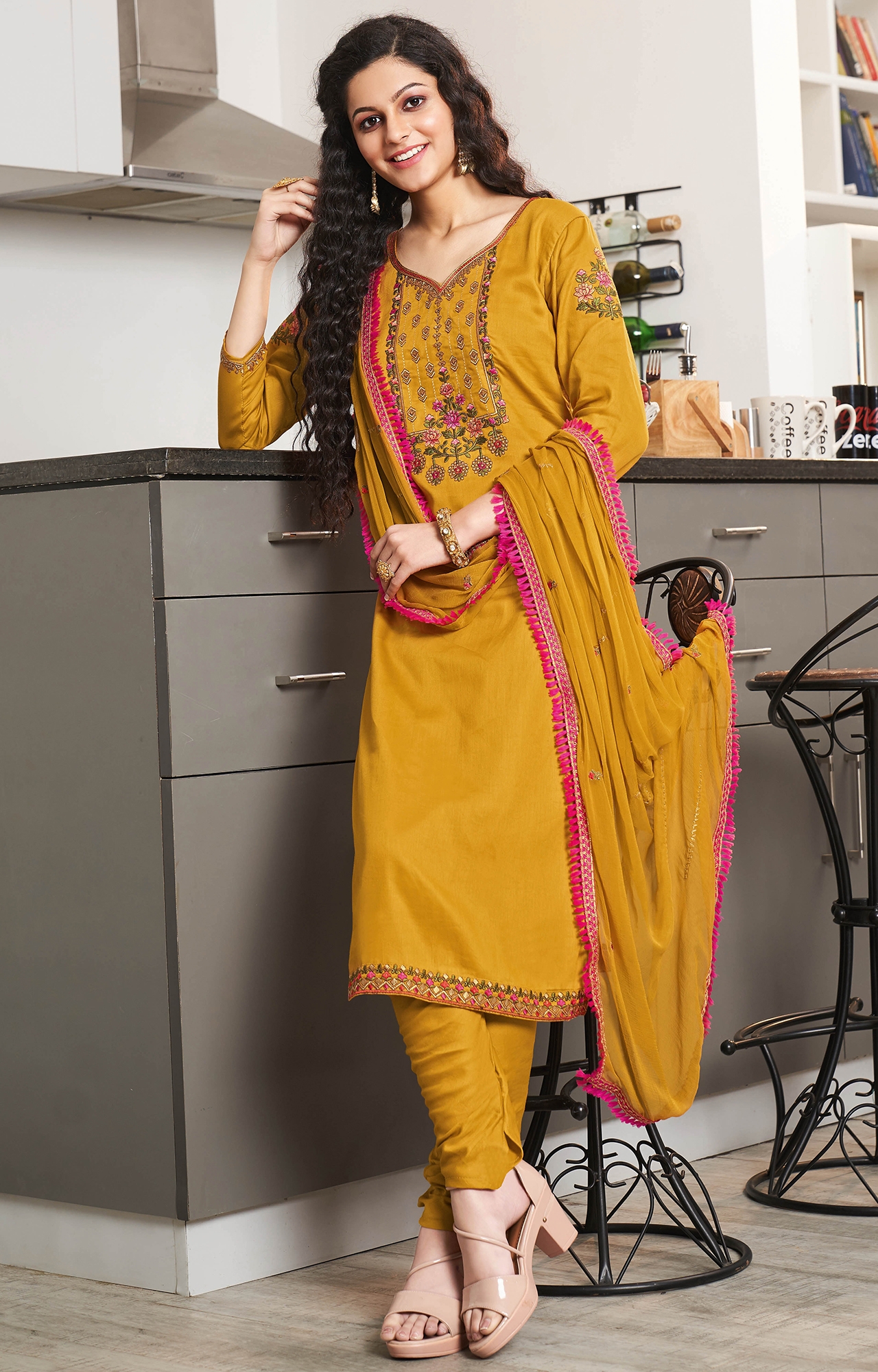 Mustard Color Cotton Embroidered Unstitched Dress Material-FL_PANKHUDI1091_DM