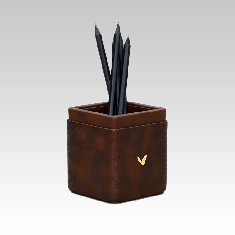 Pen/Pencil Holder | Faux Leather | Square Small | Classic | Brown