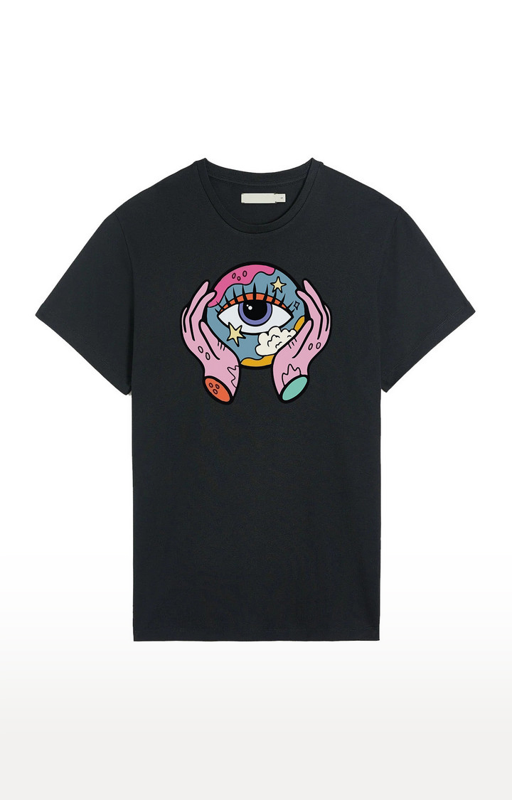 Black  Cotton Regular Fit Unisex Evil Eye Oversized T-Shirts