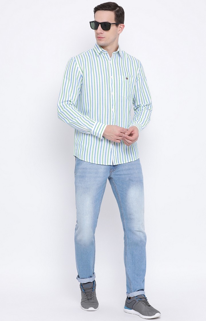 Crimsoune Club | Green and Blue Striped Casual Shirt 1