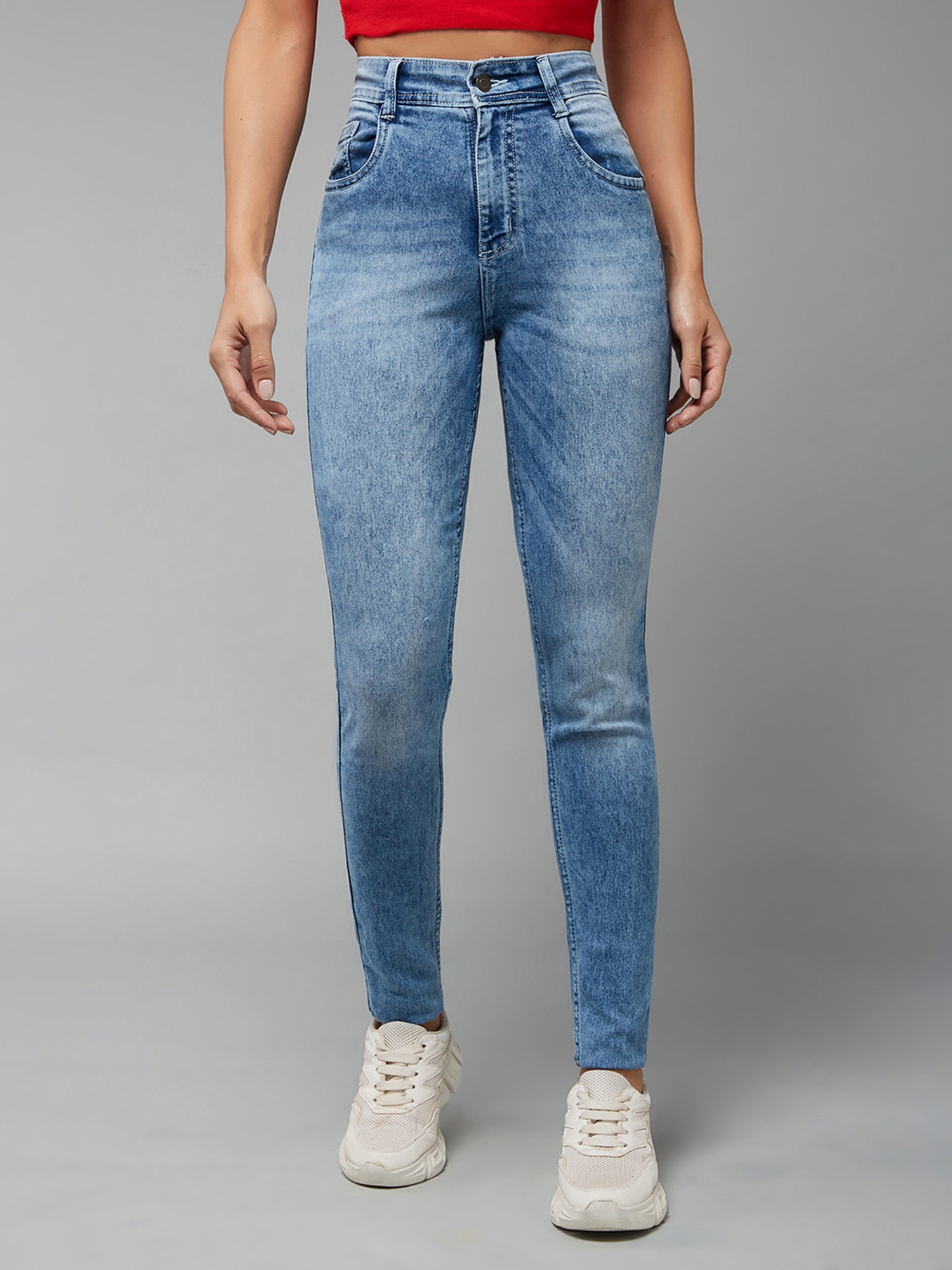 Dolce Crudo | Women's Light Blue Slim Fit High Rise Regular Length Light Wash Denim Stretchable Jeans