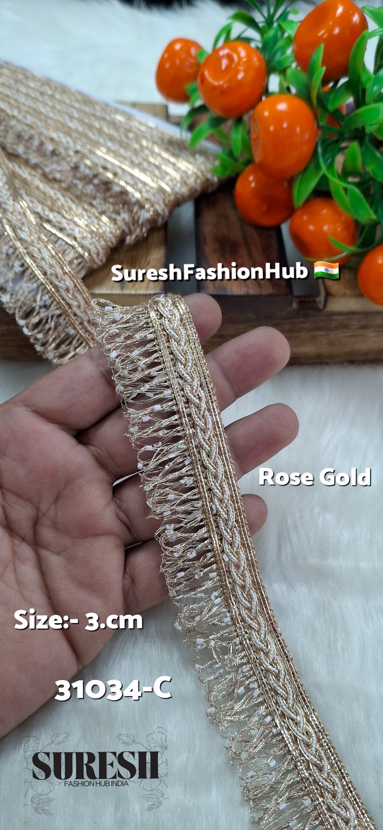 Rose Gold Jhalar Beaded Fringe Lace – 31034-C