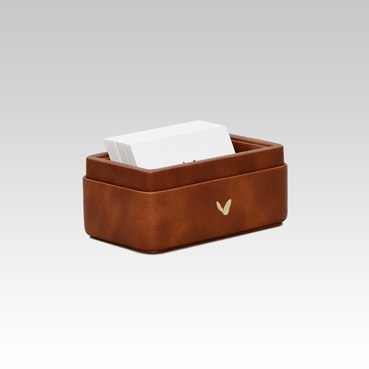 Visiting Card Holder for Desk | Faux Leather | Rectangular | Classic | Tan